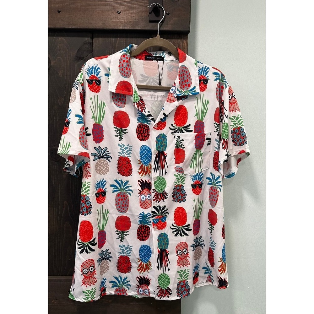 Romwe Mens Pineapple Print Short Sleeve Button Down Shirt White Tropical XL